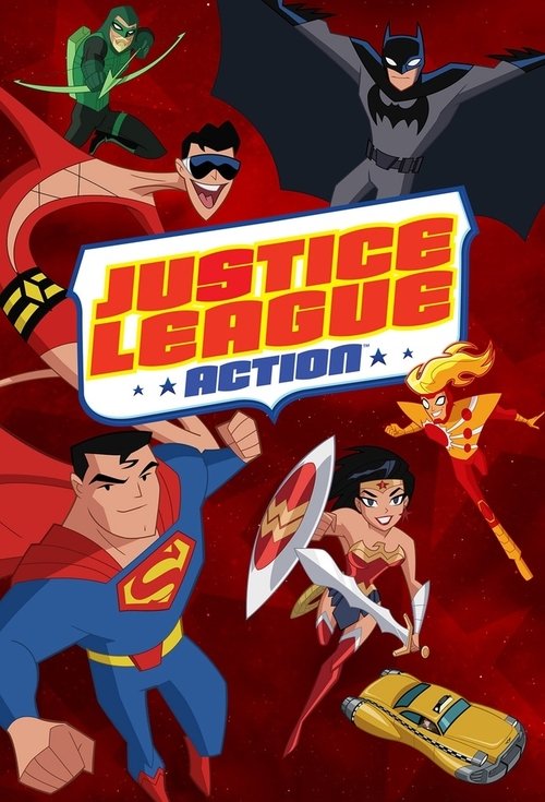 This vibrant poster showcases the Justice League Action, featuring iconic superheroes like Superman and Batman in dynamic poses against a bold red background. The comic book-style art captures action and excitement, with a sense of urgency and heroism.