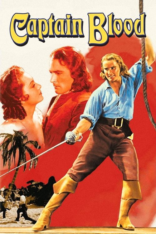 The poster features a dramatic scene with a man in a blue shirt and brown pants holding a sword, set against a vivid red background. A woman with red hair gazes upward, while another figure in a red outfit looms in the background. Palm trees and a small group of people add to the tropical, advent...