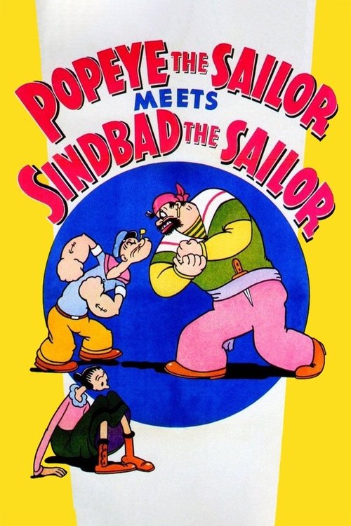 The poster features Popeye and Sindbad in a playful scene, with Popeye in his classic sailor outfit and Sindbad in his colorful, whimsical attire. The vibrant red and blue colors create a cheerful and adventurous mood, capturing the fun and camaraderie of the two beloved sea captains.