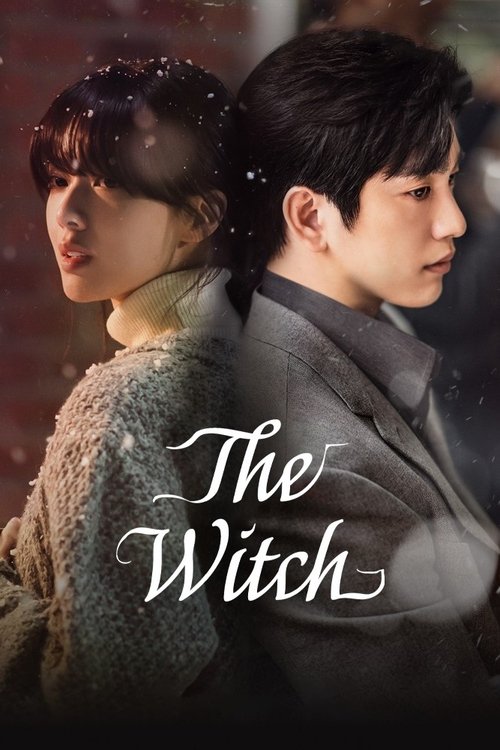 The poster features two characters standing close together against a dark, moody background. Snowflakes gently fall around them, creating a magical atmosphere. The title "The Witch" is elegantly written in white script, emphasizing the supernatural theme.