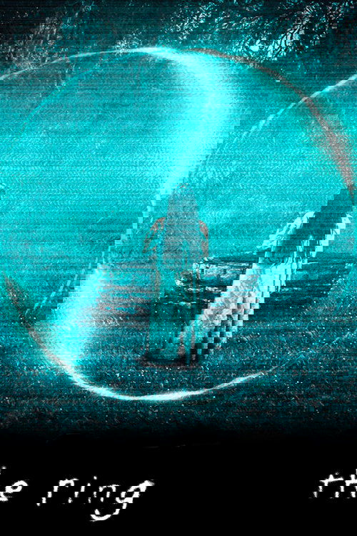 The poster depicts a mysterious figure standing before a glowing, circular portal in a dark, eerie forest. The cool blue tones and unsettling atmosphere create a sense of mystery and suspense. The title "The Ring" is prominently displayed at the bottom, hinting at the film's supernatural themes.