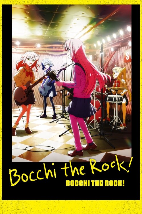 The poster features a vibrant scene with four animated characters performing on stage under bright stage lights. The central figure in a pink outfit stands prominently, while others in colorful outfits play instruments. The mood is energetic and lively, capturing the essence of a rock concert.