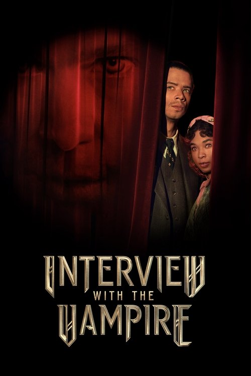 The poster features two characters peeking through dark red curtains, creating a mysterious and eerie atmosphere. The title "Interview with the Vampire" is prominently displayed in gothic lettering, emphasizing the supernatural theme.