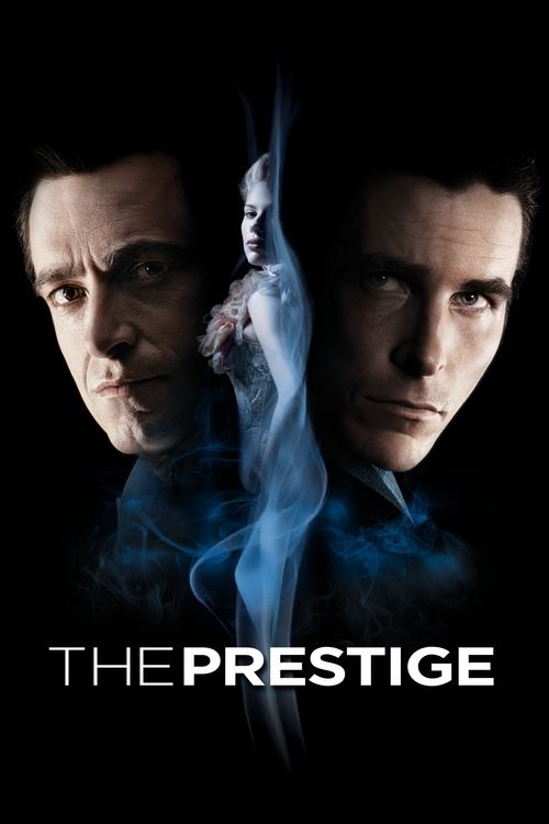 The poster features two men in shadow against a dark background, with a ghostly figure emerging between them. The blue smoke and dramatic lighting create an eerie, suspenseful mood. The title "THE PRESTIGE" is prominently displayed at the bottom.