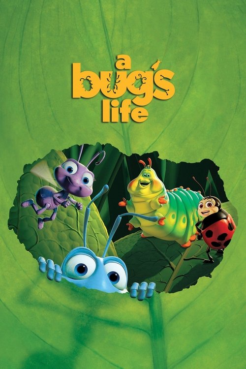 The poster features a vibrant green background with a large, jagged hole revealing colorful cartoon characters. A purple caterpillar, a green ladybug, and a blue caterpillar peek out from the hole, creating a playful and whimsical atmosphere. The title "A Bug's Life" is prominently displayed in b...