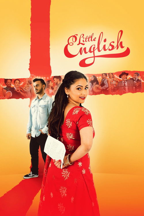 The poster features a woman in a vibrant red dress holding a white card, standing against a warm orange background. Behind her, a man in a light blue shirt stands with a confident smile. The title "Little English" is elegantly written in red script at the top. The overall mood is cheerful and inv...