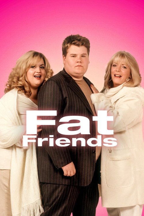 The poster features three characters against a vibrant pink background, exuding a playful and humorous mood. The central figure in a striped suit stands confidently, flanked by two women in white coats, all smiling warmly. The bold white text "Fat Friends" anchors the image, emphasizing the show'...