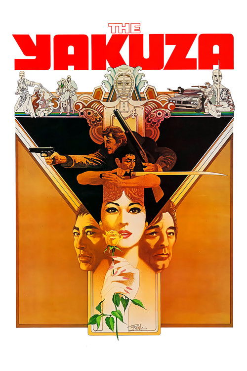 This movie poster for "The Yakuza" features a striking design with a central figure holding a rose, surrounded by four faces in a dramatic composition. The bold red title and vibrant orange background create a bold, intense atmosphere. The poster suggests a gritty, action-packed narrative with a ...