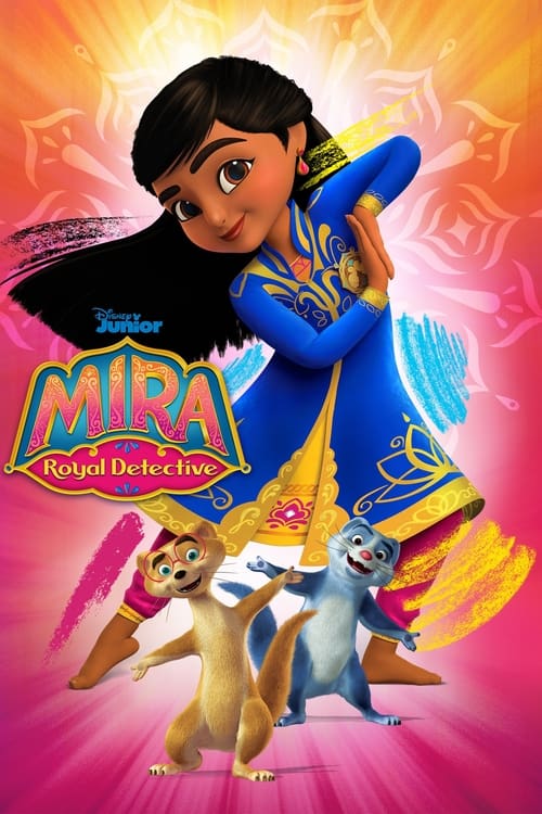 The poster features a vibrant blue detective character, Mirai, leading a group of colorful cats in a dynamic pose against a radiant pink and purple background. The title "MIRA Royal Detective" is prominently displayed in bold, stylized lettering. The overall mood is energetic and adventurous, sug...