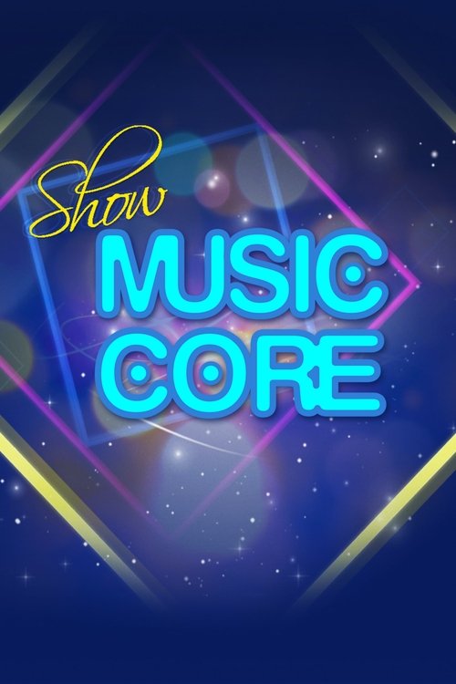 The poster features a vibrant, futuristic design with neon blue and purple geometric shapes against a starry background. The title "Show! Music Core" is prominently displayed in bold, glowing text, evoking a sense of excitement and energy. The overall mood is dynamic and engaging, suggesting an e...