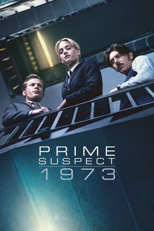 The poster features three men in a dramatic, high-contrast scene with cool blue and dark tones. The mood is tense and suspenseful, emphasizing the mystery of the 1973 crime.