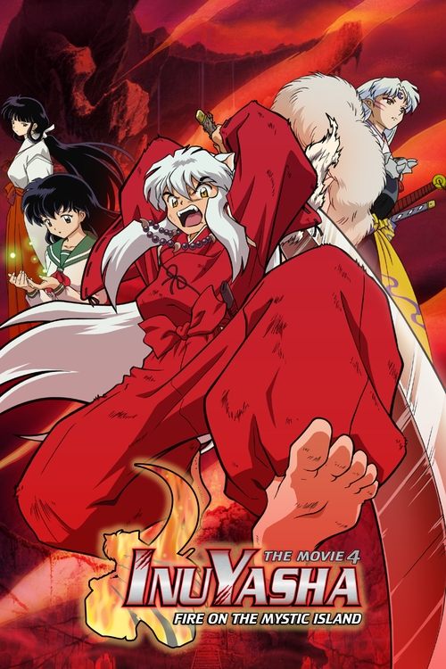 The poster features four characters in dramatic poses against a fiery red background. The central figure, a young woman with white hair and a red outfit, dominates the foreground with an intense expression. Behind her, other characters add depth to the scene, creating a sense of action and advent...
