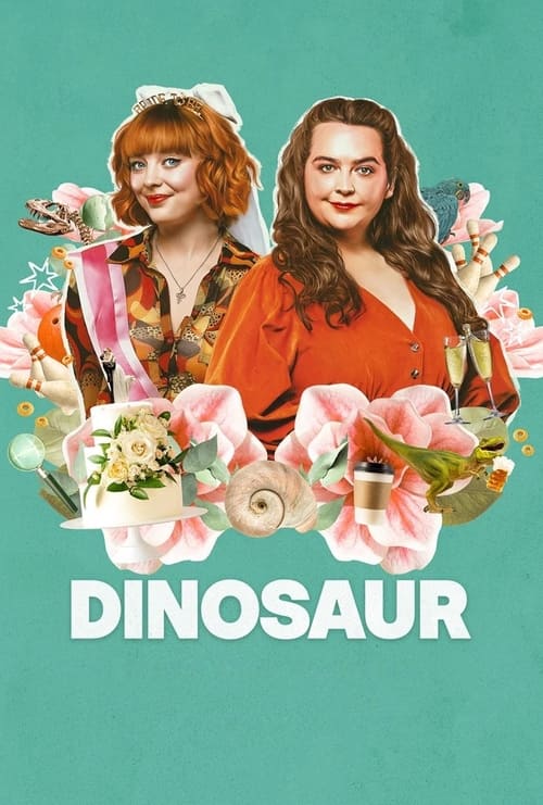 The poster features two women with vibrant, colorful outfits against a soft teal background. Flowers and greenery frame the scene, creating a cheerful and lively atmosphere. The bold white text "DINOSAUR" anchors the image, suggesting a playful and adventurous theme.