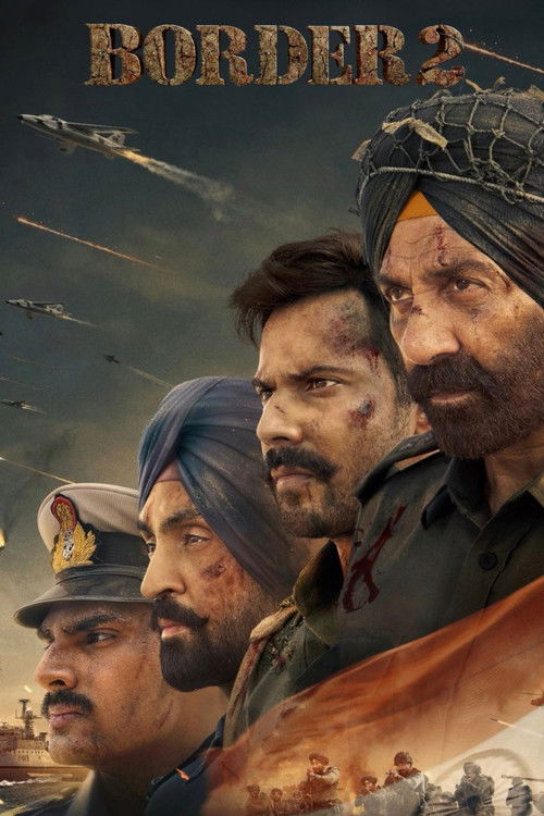 The poster features rugged soldiers in traditional Indian attire against a backdrop of war-torn landscapes. Dominant colors include earthy browns, deep blues, and fiery oranges, evoking a sense of urgency and danger. The mood is tense and dramatic, hinting at intense action and conflict.