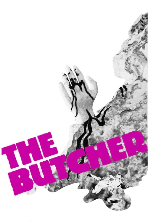 The poster features a dramatic, black-and-white image of a person with their hands raised, set against a textured, gray background. Bold, pink text reads "THE BUTCHER," evoking a gritty, suspenseful mood that hints at a thriller or horror story.