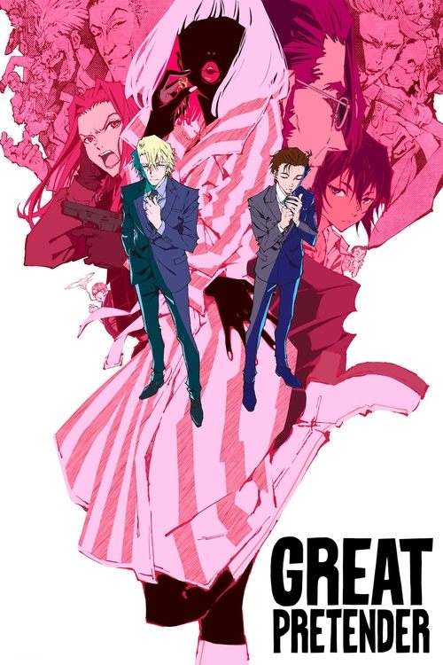 The poster features a dramatic scene with four characters in vibrant pink and white tones, suggesting a supernatural or fantasy setting. The mood is mysterious and intense, with dynamic poses that hint at action or conflict. The bold text "GREAT PRETENDER" adds a sense of intrigue and drama, emph...