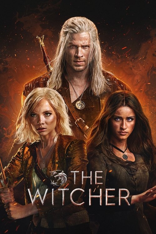 The poster features three characters in medieval fantasy attire against a fiery, dramatic background. The warm orange and red hues create an intense, epic atmosphere, while the characters' serious expressions convey determination and readiness for adventure.