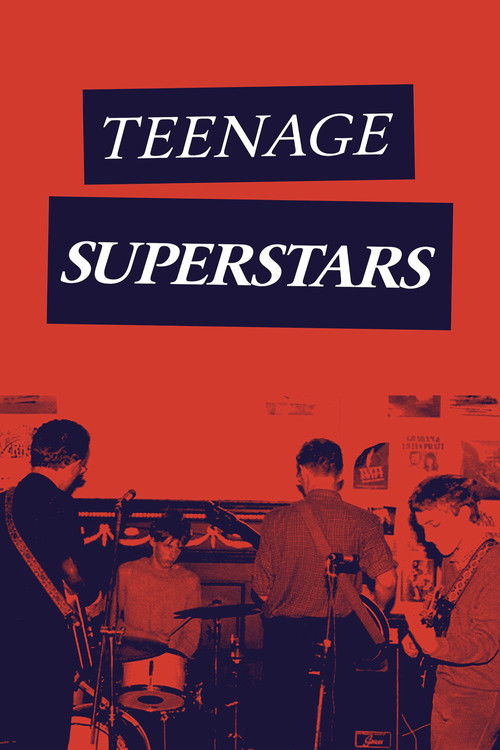 The poster features a vibrant red background with two dark blue rectangular boxes containing the title "TEENAGE SUPERSTARS" in white text. Below the text, a group of musicians is depicted in silhouette against the same red backdrop, creating a moody and energetic atmosphere.