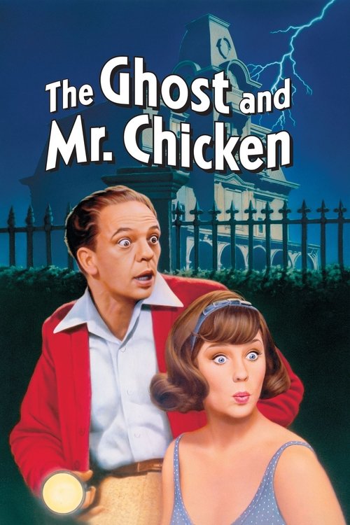 The movie poster features a man in a red jacket and a woman in a blue dress against a spooky backdrop. The title "The Ghost and Mr. Chicken" is prominently displayed in bold white letters. The overall mood is eerie and mysterious, with a hint of supernatural intrigue.