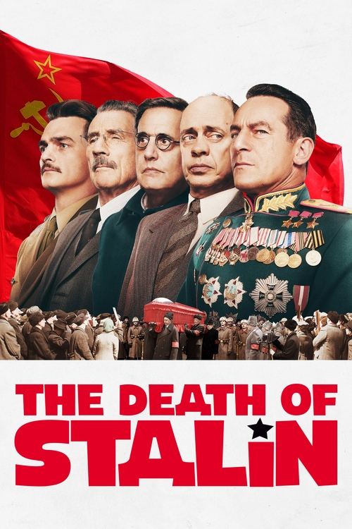 The poster features a group of men in formal attire against a backdrop of the Soviet flag, with a crowd below. The red and white color scheme evokes a somber, historical mood, while the title "The Death of Stalin" in bold red letters emphasizes the gravity of the subject.