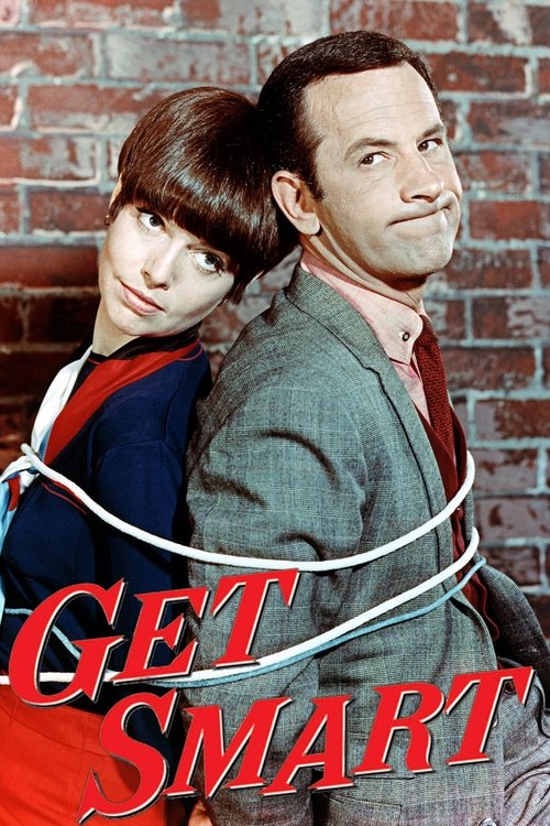 The poster features a man and woman bound by a white rope against a brick wall, evoking a sense of mystery and intrigue. The bold red text "GET SMART" dominates the foreground, hinting at the show's comedic and intelligent themes.