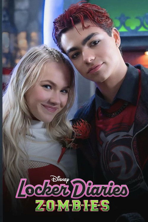 The poster features a young couple with vibrant red hair and a white scarf, exuding a playful yet mysterious vibe. The title "Locker Diaries: Zombies" is prominently displayed in bold, colorful letters, hinting at the show's supernatural and comedic tone.