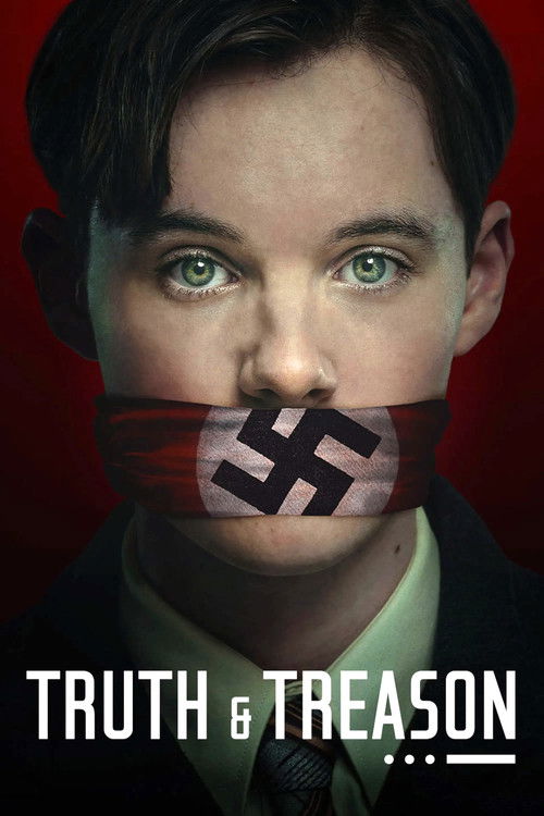 The poster features a man with green eyes, his face partially obscured by Nazi swastikas, set against a dramatic red background. The stark contrast between the dark figure and vibrant backdrop creates a tense atmosphere, hinting at themes of truth and treason.