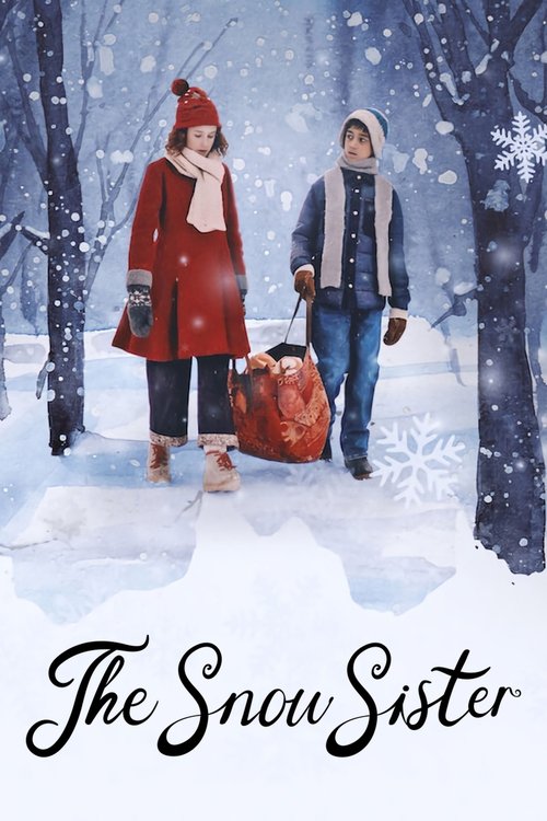 A snowy winter scene features two sisters in winter coats, carrying red bags, walking through a snow-covered forest. The cool blue tones and falling snow create a serene, nostalgic mood.