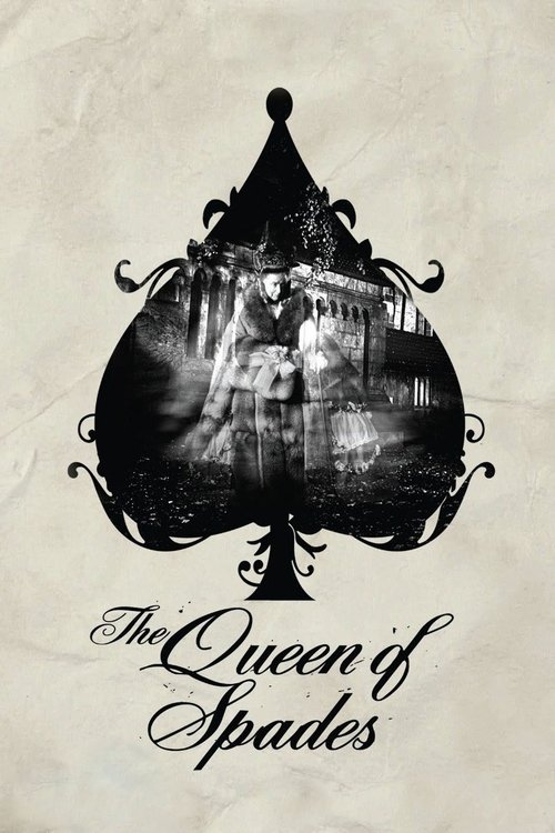 The poster features a mysterious, ornate black-and-white image of a woman standing in front of a grand, shadowy building, evoking a sense of mystery and intrigue. The title "The Queen of Spades" is elegantly written below, suggesting a dramatic and enigmatic narrative. The sepia-toned background ...