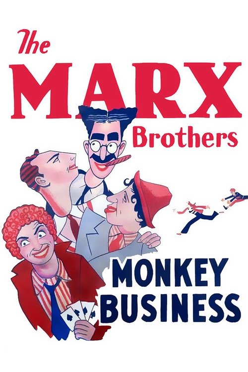 The poster features a group of cartoon characters in vibrant red and blue tones, exuding a playful yet adventurous mood. The title "The Marx Brothers" is prominently displayed in bold red letters, while "Monkey Business" is written in large blue text at the bottom.