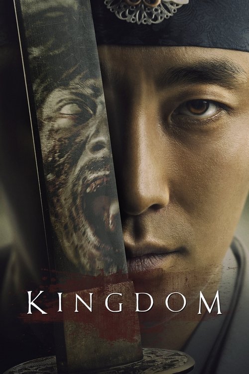 The poster features a close-up of a man's intense gaze, framed by a sword blade that partially obscures his face. The color palette is dark with deep reds and blacks, creating a somber and dramatic atmosphere. The title "Kingdom" is prominently displayed in bold, metallic lettering at the bottom,...
