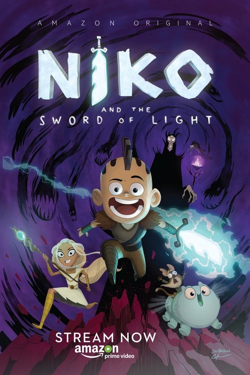 The poster features a cheerful boy with a wide grin, surrounded by mystical creatures and glowing blue energy. The dark, swirling background with purple hues creates an eerie yet enchanting atmosphere. The title "Niko and the Sword of Light" is prominently displayed in bold, white letters.