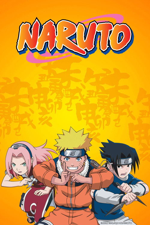 This vibrant poster features three iconic characters in dynamic poses against a fiery orange background. Naruto, with his spiky blonde hair and orange outfit, stands prominently in the center. The other characters add depth with their distinct appearances, creating a lively and energetic atmosphe...