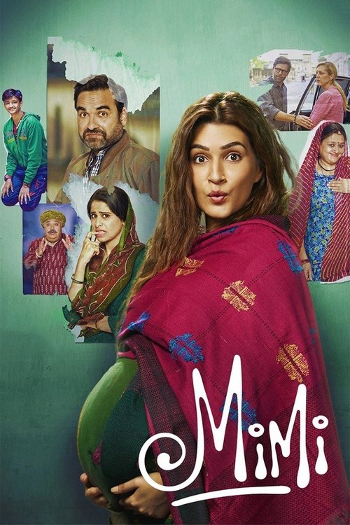The poster features a woman in a vibrant pink outfit holding a green object, surrounded by smaller images of other characters in colorful attire. The background is a soft teal, and the title "Mimi" is elegantly written in white script. The overall mood is warm and inviting, suggesting a family-or...