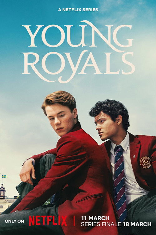The poster features two young men in red jackets, exuding a sense of youthful energy and camaraderie. The warm red tones of their outfits contrast with the soft blue sky, creating a vibrant and inviting atmosphere. The text "Young Royals" is prominently displayed in bold, white letters, emphasizi...