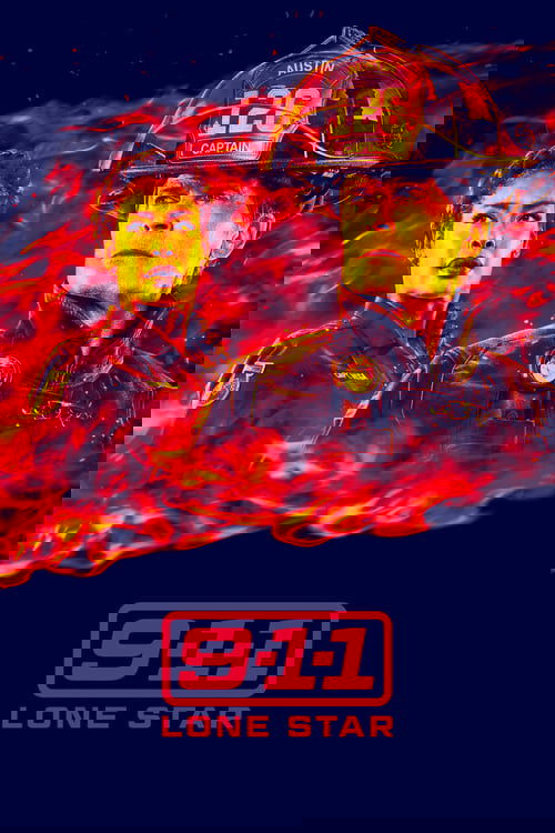 The poster features two firefighters in dark uniforms against a fiery background, with the number "9-1-1" prominently displayed. The intense red and orange flames create a dramatic and urgent atmosphere, emphasizing the show's theme of emergency response.