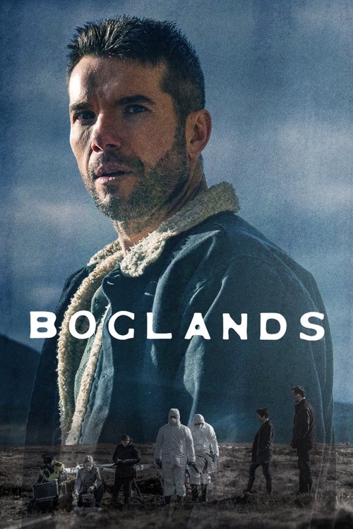 The poster features a rugged man in a dark coat against a moody, overcast sky. Below him, a group of people stands in a desolate landscape, evoking a sense of isolation and mystery. The muted earth tones and shadowy figures create a somber, atmospheric mood that hints at a thriller or drama.