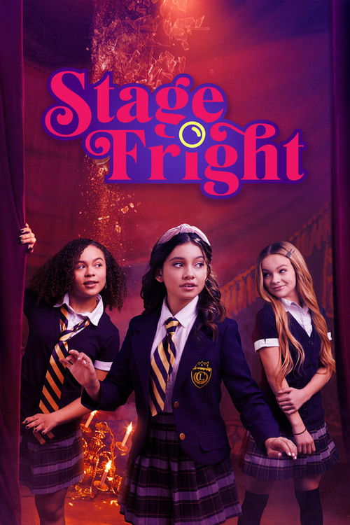 The poster features three students in school uniforms, exuding a playful yet mysterious atmosphere. The title "Stage Fright" is prominently displayed in bold, colorful letters against a dramatic backdrop of warm lighting and glowing effects.
