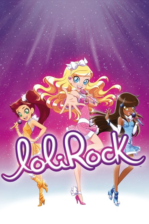 A vibrant TV show poster featuring three animated girls with colorful outfits against a starry purple background. The playful and cheerful mood is emphasized by the bright colors and dynamic poses. The title "LoliRock" is prominently displayed in a whimsical font.