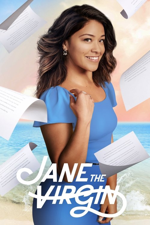 The poster features a smiling woman in a blue dress against a beach backdrop, with floating papers around her. The vibrant colors and cheerful mood convey a sense of fun and adventure.