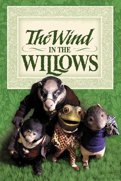 The poster features four animated characters—a monkey, a gazelle, a sloth, and a hedgehog—standing on a green grassy field. The title "The Wind in the Willows" is elegantly displayed in a classic serif font against a textured green background. The overall mood is whimsical and inviting, capturing...