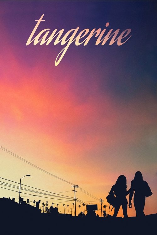 The poster captures a romantic sunset scene with silhouetted figures walking hand in hand against a vibrant sky. The warm hues of orange, pink, and purple evoke a nostalgic and dreamy mood, while the elegant script of "tangerine" adds a touch of romance.