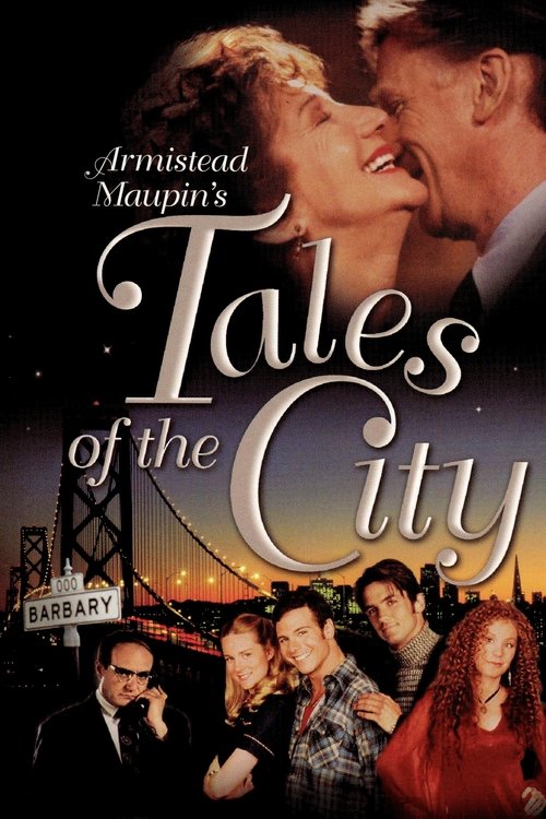 The poster features a romantic couple kissing against a backdrop of a city skyline at sunset. The title "Tales of the City" is elegantly written in gold script, with the tagline "Armistised Maupin's" above it. A library sign in the bottom left corner suggests a literary theme. The warm colors and...