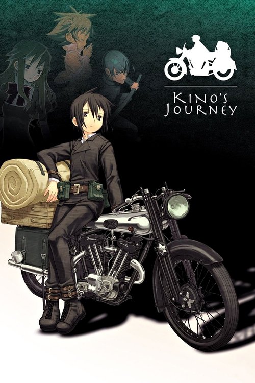 This anime poster features a determined young man in a black uniform riding a classic motorcycle, carrying a large rolled-up blanket. The background is dark with faint silhouettes of other characters, suggesting a journey or adventure. The title "Kino's Journey" is prominently displayed in white ...