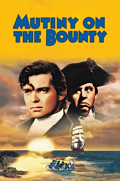 This movie poster features two men in dramatic poses against a vibrant sunset backdrop. The title "Mutiny on the Bounty" is prominently displayed in bold blue letters. The overall mood is intense and adventurous, capturing the essence of a classic maritime drama.