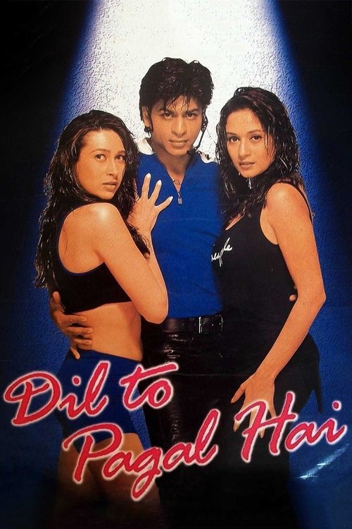 The poster features three women in black outfits against a dark background illuminated by a spotlight. The title "Dil To Pagal Hai" is written in pink cursive script at the bottom. The mood is playful and energetic, suggesting a fun and lively movie.