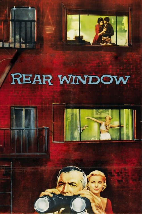 The poster features a dark red, moody background with three windows showing characters in various emotional states. A man looks through binoculars while a woman smiles beside him, evoking suspense and intrigue. The title "Rear Window" is prominently displayed in bold, metallic letters, suggesting...