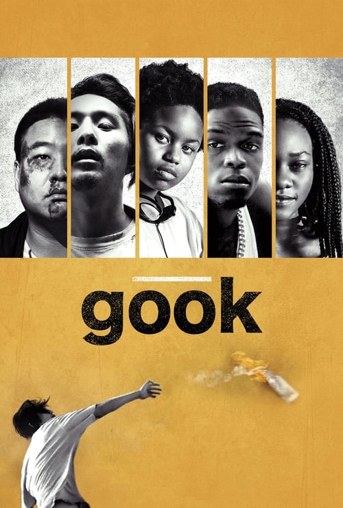 The poster features a collage of six black-and-white portraits of African American individuals, exuding mystery and intrigue. The bold, yellow-orange background contrasts sharply with the monochrome images, creating a dramatic and intense atmosphere. The word "Gook" is prominently displayed in la...