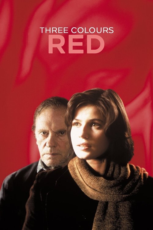 The poster features a man and woman in a somber setting against a vibrant red background. The man's serious expression and the woman's contemplative gaze convey a sense of tension and drama. The bold typography of "Three Colors: Red" emphasizes the film's intense and dramatic nature.