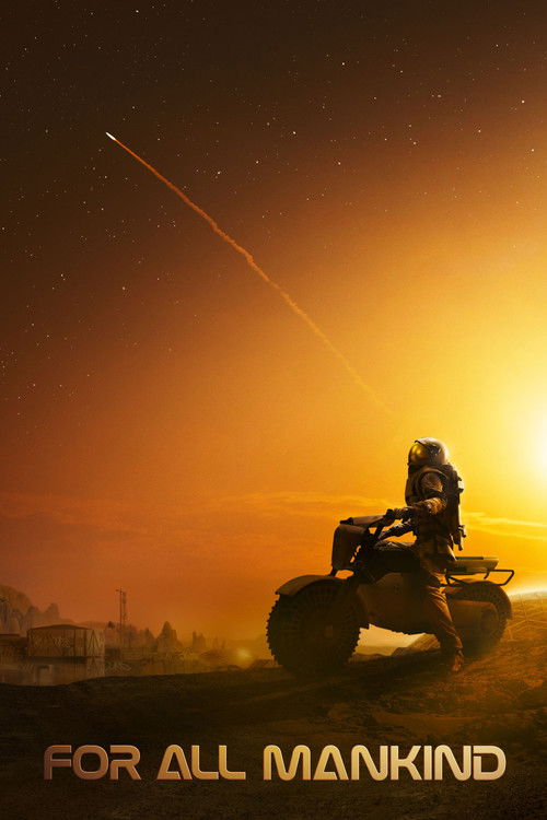 The poster features a lone astronaut on a rugged ATV against a dramatic sunset, with a rocket streaking across the sky. The warm orange hues evoke a sense of exploration and mystery, while the silhouette of the astronaut adds a sense of solitude and determination.